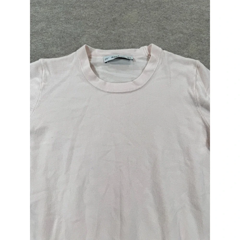 Zara Sweater Womens Small Pink Crew Neck Knitted Short Sleeve Casual Pullover
